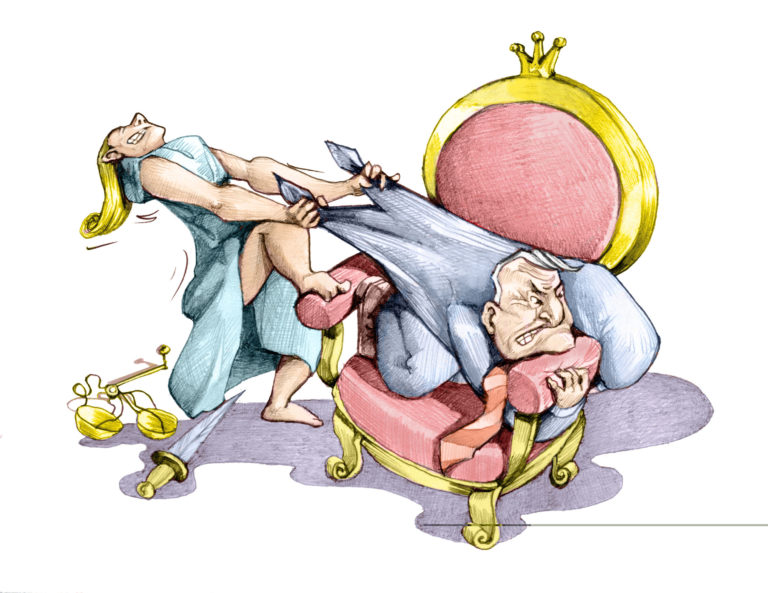 50839495 - a politician is clinging to his chair while justice it pulls it down