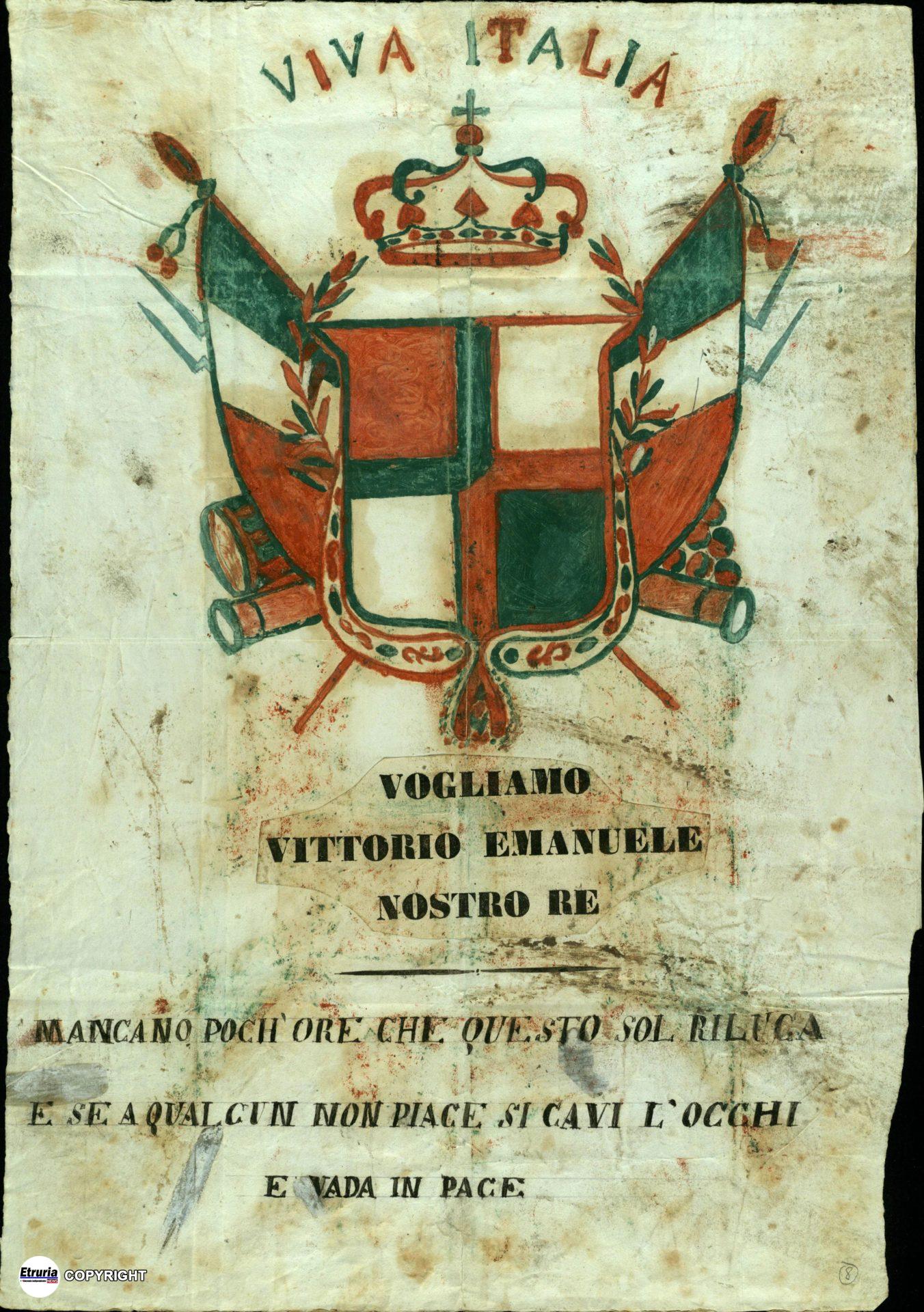 Manifestino risorgimentale inneggiante a Vittorio Emanuele II, re d'Italia. - 1861. Fondo Direzione provinciale di polizia. Busta. 148, carta 1135.