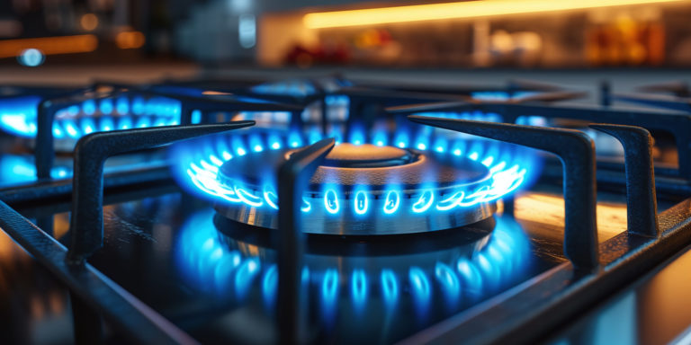 kitchen stove, blue gas burner with gas turned on, blue gas flam