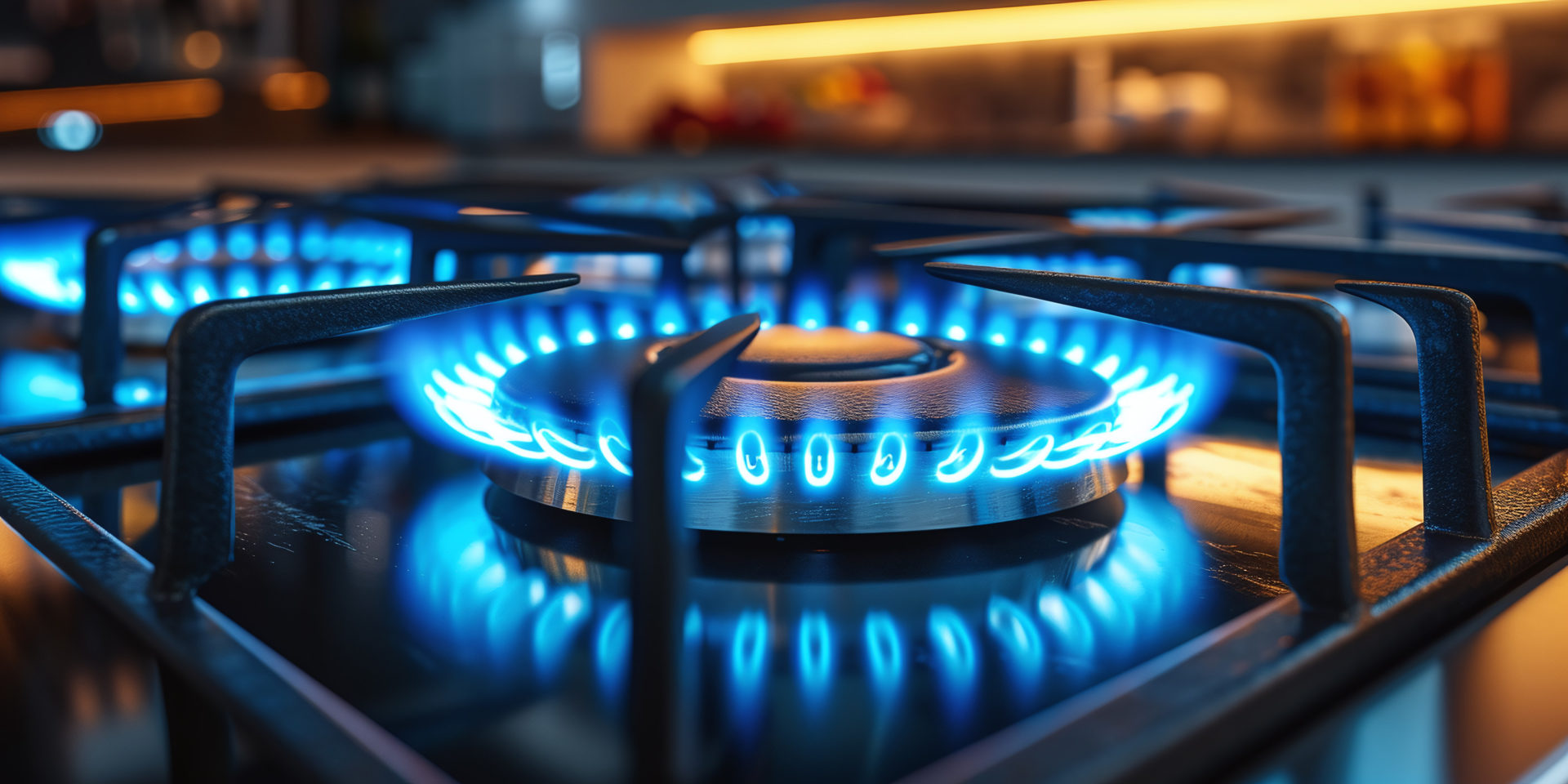kitchen stove, blue gas burner with gas turned on, blue gas flam