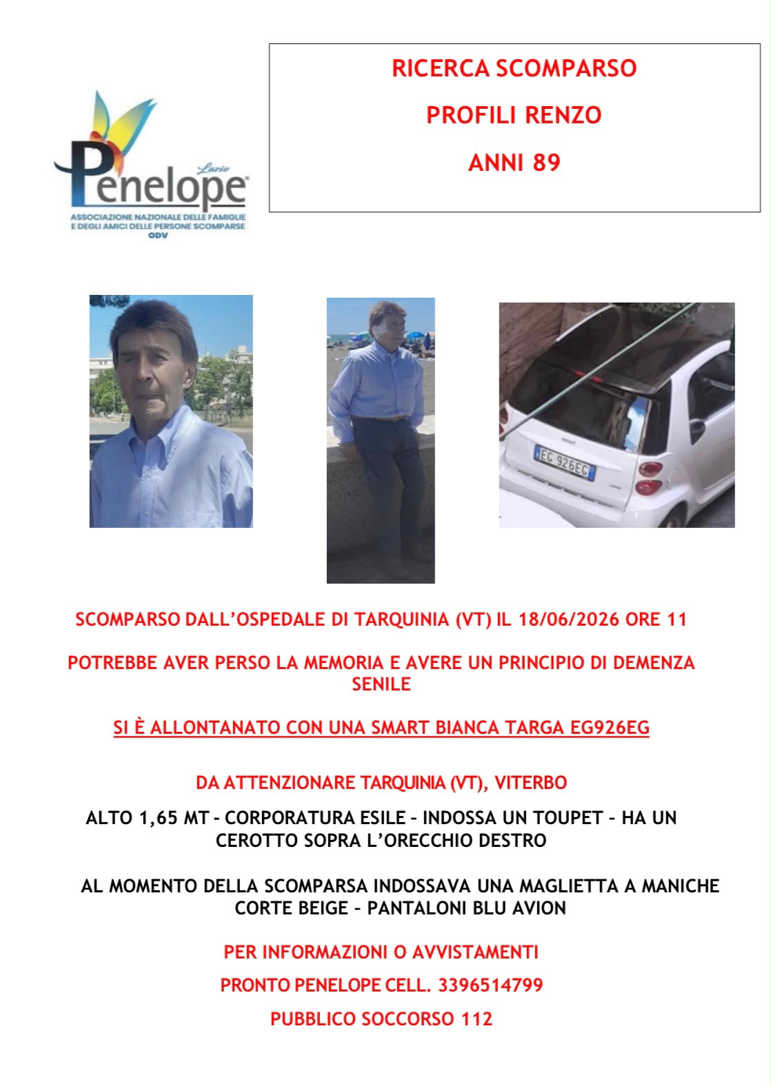 Tarquinia, scomparsa di Renzo Profili: una segnalazione potrebbe aiutare a ricostruire i suoi spostamenti 2 WhatsApp Image 2026 06 18 at 22.20.16