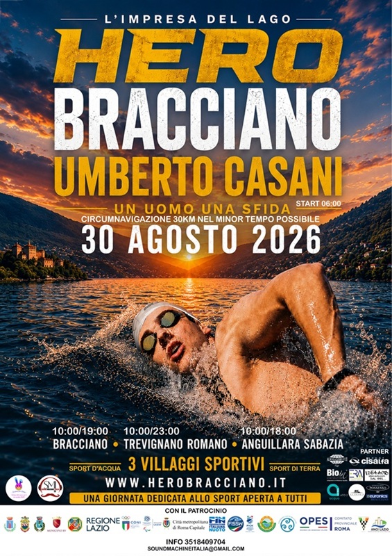 HERO BRACCIANO, Umberto Casani verso un nuovo record: circumnavigare a nuoto il Lago 2 Locandina Ufficiale Hero Bracciano Limpresa del lago 1