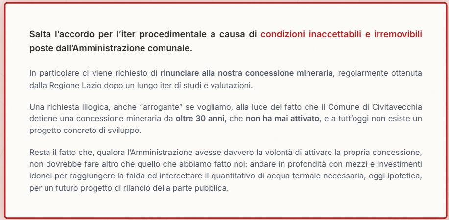 Civitavecchia - Terme, i Sensi contro il Comune: «Richiesta illogica e arrogante. Ci chiedono di rinunciare alla concessione» 2 Screenshot 16 10 2026 12834 www.termeimperiali.it